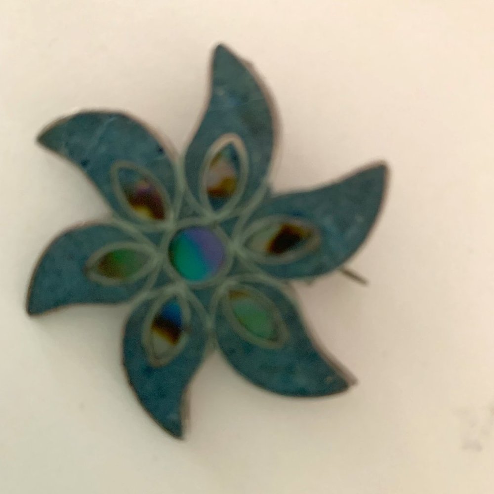 Sterling Silver 'Mexico' Turquoise Flower Pin 925th Marking